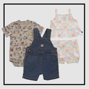 Collage of baby clothing sets